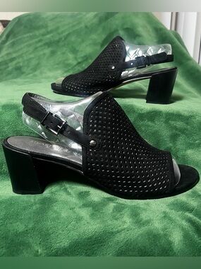 Stuart Weitzman Black Perforated Slingback Block Heels